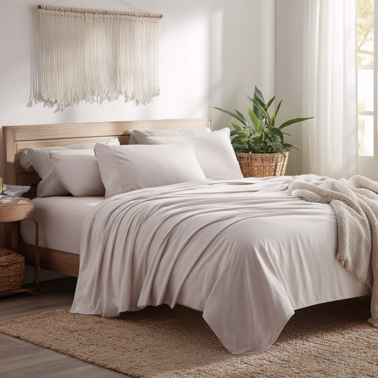 Sweet Sheets deep pocket super soft white bed sheets in a bright modern bedroom